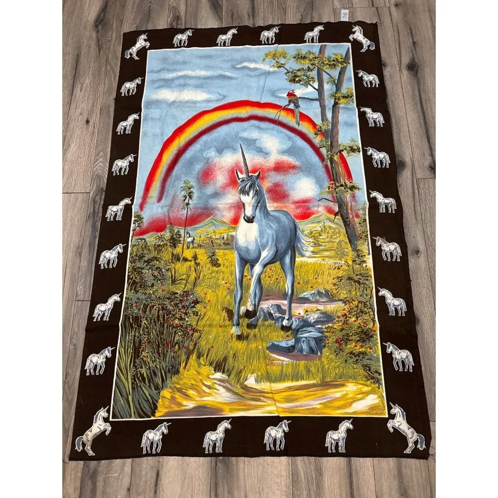 Vintage RT Brown Unicorn Parrot Tapestry Wall Hanging Blanket With Colorful Rain